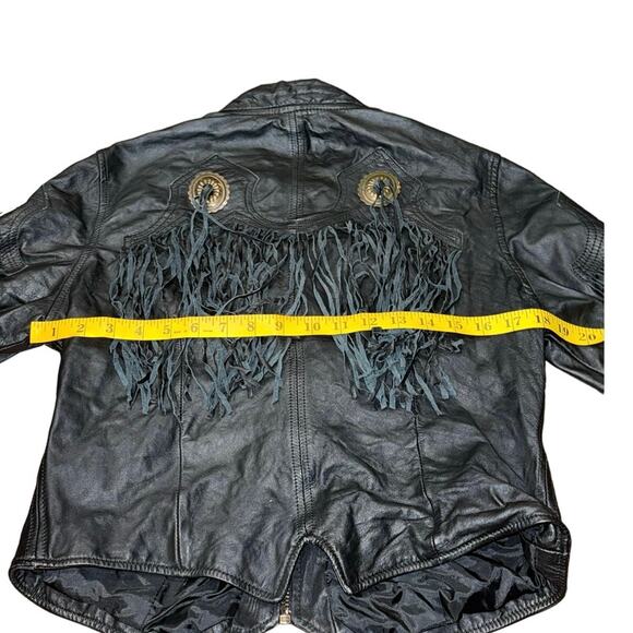 Vintage 70s Pioneer Wear Black Leather Fringe Western Jacket Size 12/ MEDIUM - Picture 10 of 16